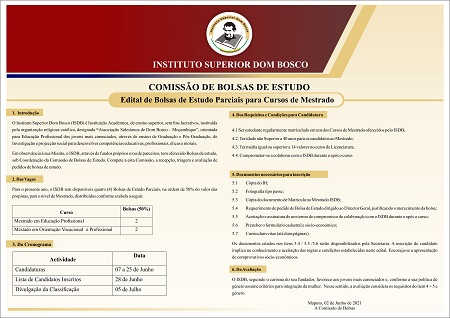 Edital de Bolsas de Estudo parciais para Cursos de Mestrado