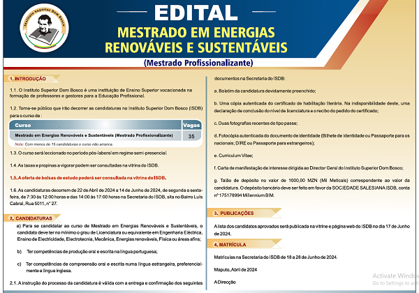 Edital do Mestrado em Energias Renováveis e Sustentáveis (Mestrado Profissionalizante)